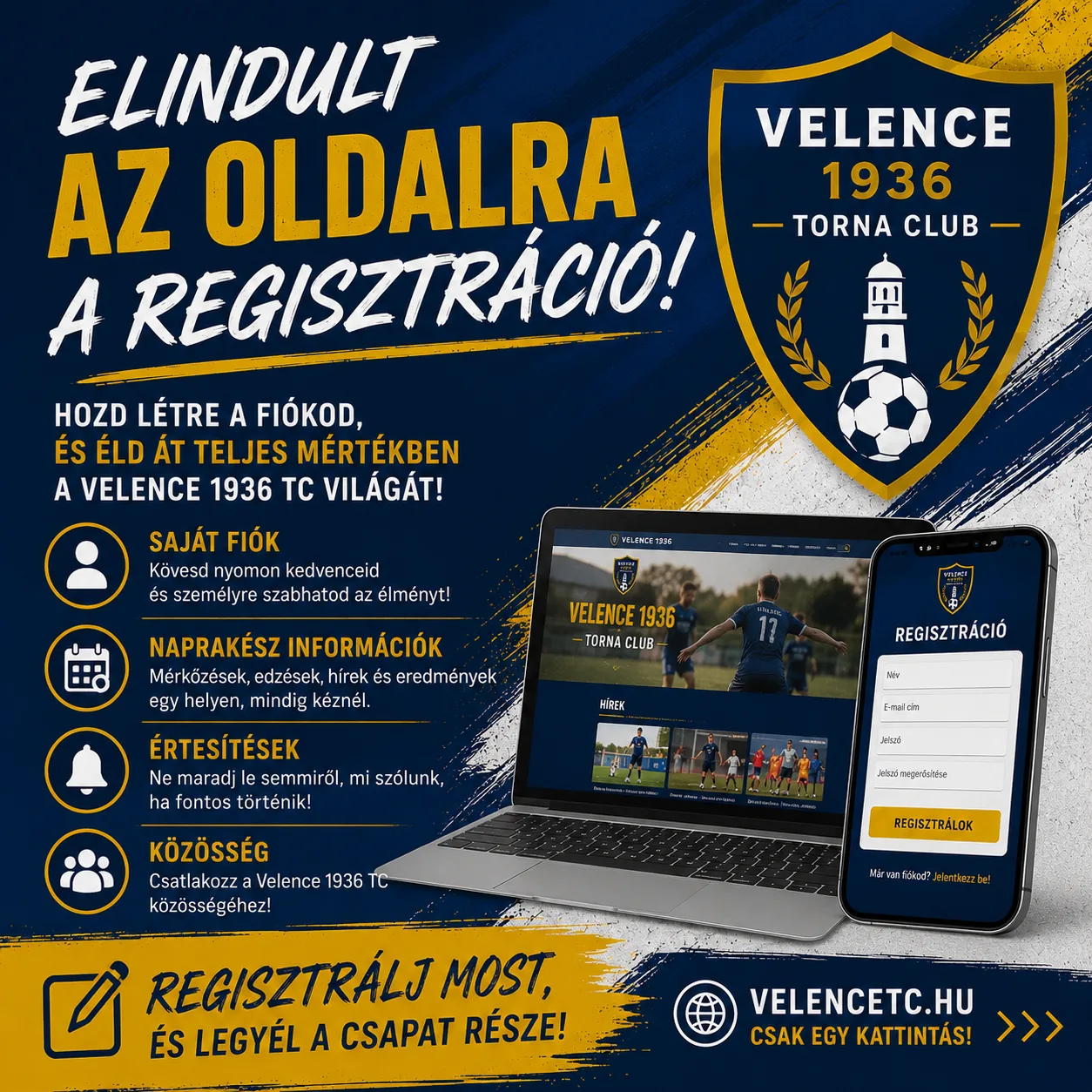 🚀 Elindult a regisztráció a Velence 1936 Torna Club weboldalán! 💙💛